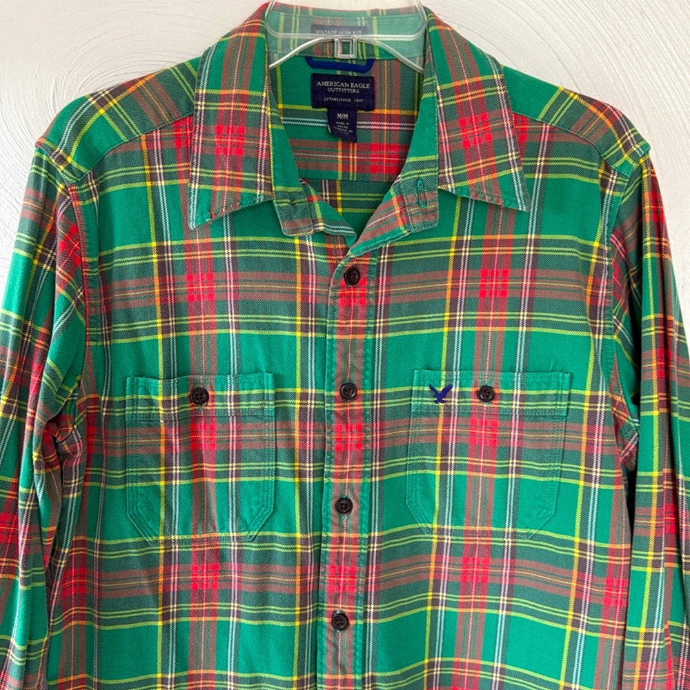 Green-and-Red Plaid Flannel American Eagle Shirt